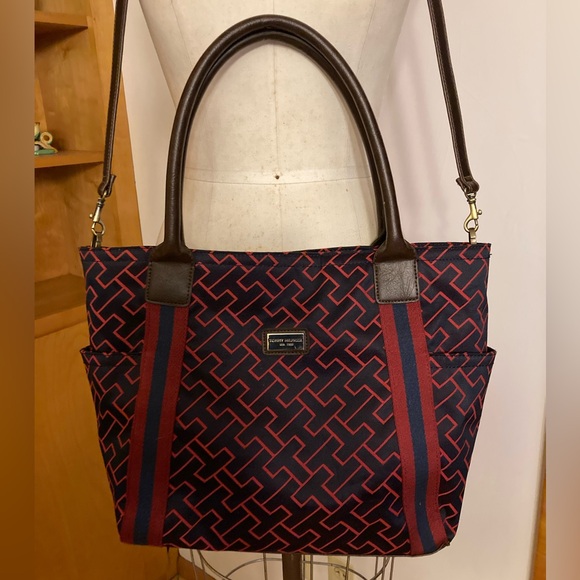 Tommy Hilfiger Handbags - Tommy Hilfiger Geometric Patterned Tote Bag - Red and Navy Monogram